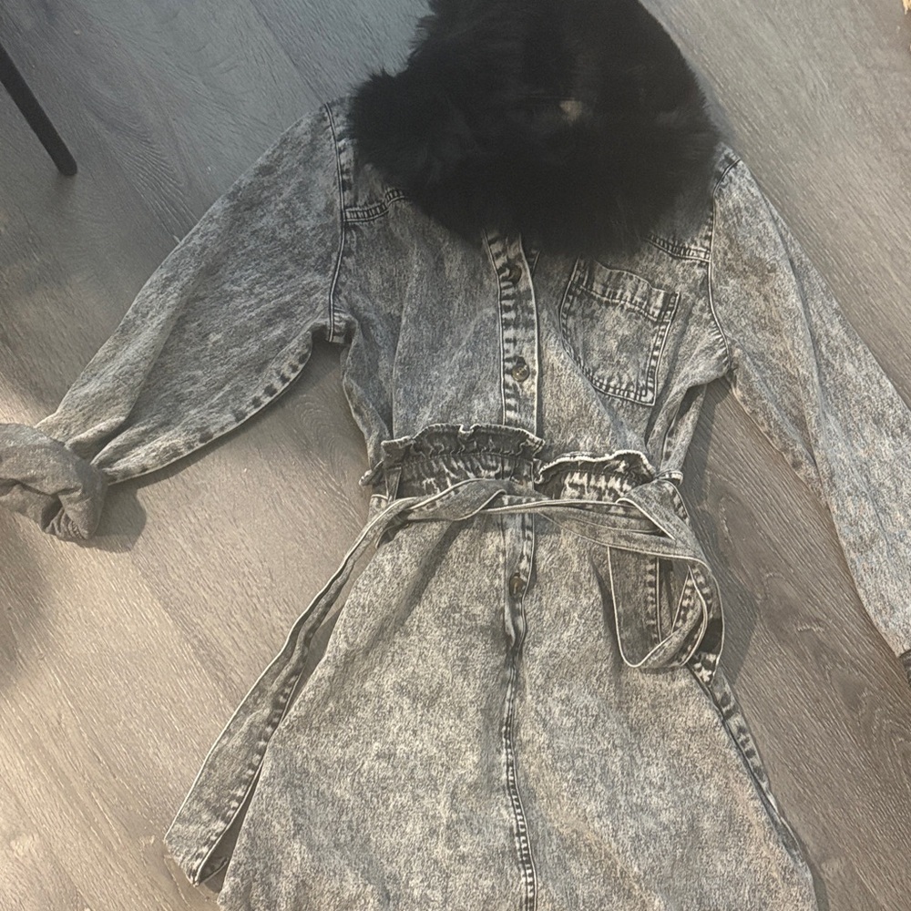 Who What Wear Black Fur Collar Denim Mini Dress